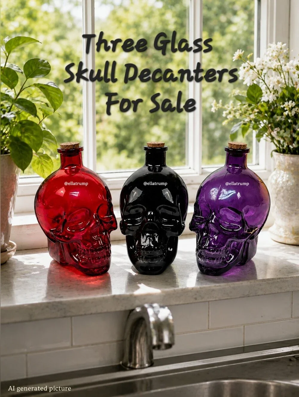 Glass Skull Bottle Apothecary Jar Vodka Decanters Set Of 3